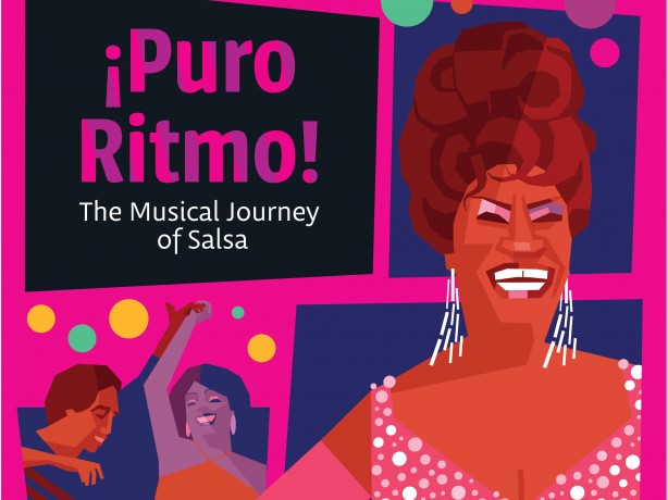 A vibrant graphic featuring the title '¡Puro Ritmo! The Musical Journey of Salsa', with illustrations of dancers and a joyful woman wearing earrings, set against a colorful background.